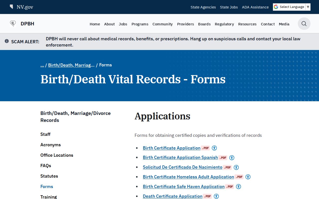 Henderson residents directory Nevada vital records forms and fees