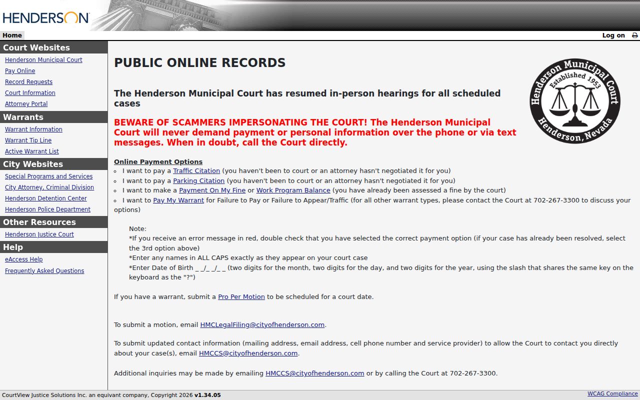 Henderson resident lookup view of the Henderson Municipal Court public case search